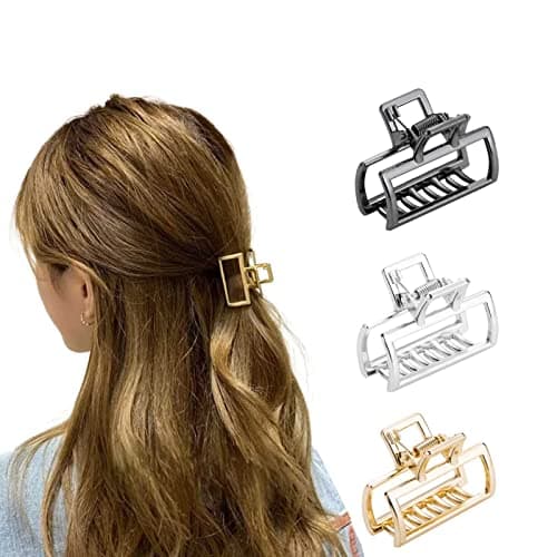 Image of 3 Pcs Small Hair Claw Clips Rectangular Metal Hair Clips Women Hair Accessories For Women Girls (Gold, Silver, Black)