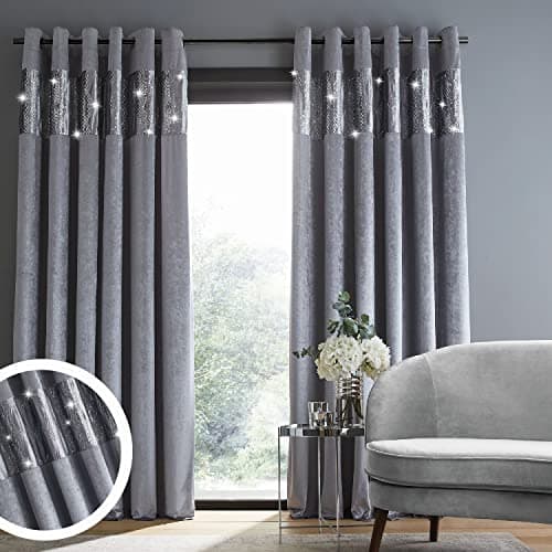 Image of Catherine Lansfield Crushed Velvet Glamour Sequin Eyelet 66x54 Inch Curtains Grey