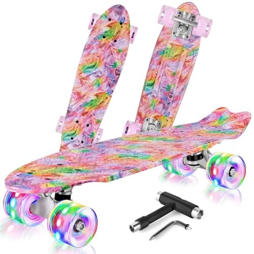 Image of BELEEV 22 inch Skateboards for Kids, Cruiser Skateboard for Girls Boys Teens Adults Beginners, LED Light up Wheels, Mini Skateboards Classic Complete Skate Board with Skate T-Tool, Max Load 220 LBS