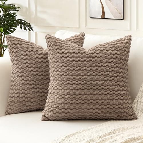 Image of Artscope Pom Poms Decorative Corduroy Cushion Covers 55x55cm Super Soft Boho Striped Square Pillow Covers Case Geometric for Sofa Couch Bedroom Car Decor Set of 2, Brown
