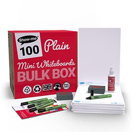 Image of Show-me - Mini Whiteboards A4 Bulk Box | 100 Small Portable Whiteboards with Markers & Erasers | Double-Sided SurfaceShield Technology with 2-Year Surface Guarantee