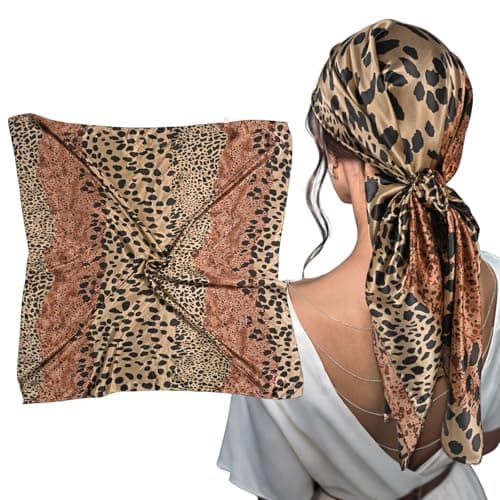 Image of mtuihfo Square Scarf, Neck Scarf for Women Satin Head Leopard Print Stylish Spring Head Scarf for Beach Travel Vacation Sports Gifts 90x90CM