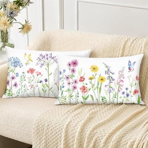 Image of Bonhause Spring Floral Cushion Covers 30 x 50 cm Flowers Birds Soft Velvet Decorative Throw Pillow Covers for Sofa Couch Bed Home Patio Garden Decor Set of 2
