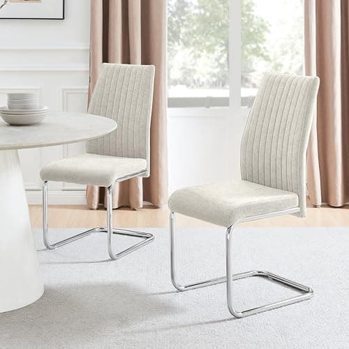 Image of Furniturebox UK Lorenzo Cream Fabric Dining Chairs - Chrome Silver Metal Legs - Pair - Cantilever Leg Frame - Vertical Stitching - Modern Dining/Kitchen Furniture