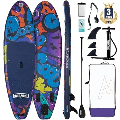 Image of Overmont Inflatable Stand Up Paddle Board 10.6" x 33" x 6" – Adult SUP Board with Oar, Fins, Pump & Carry Bag – Stable, Non-Slip Deck, All-Around Paddleboard for Beginners & Adults (Purple)
