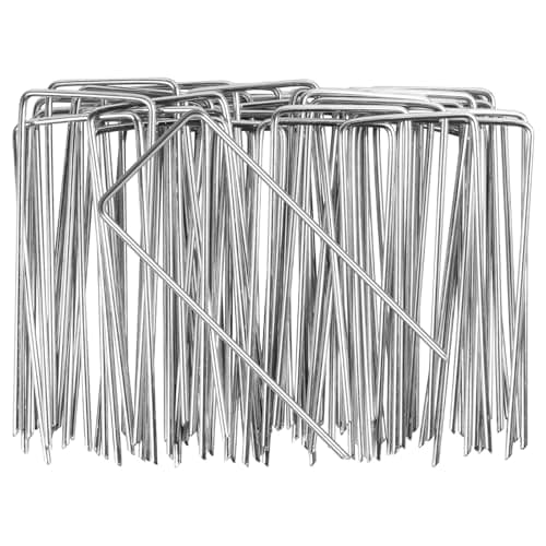 Image of TIECHI Garden Stakes, 50 Pack 4"/100mm Weed Membrane Pegs, Galvanised Steel Tent Pegs U-Shaped Garden Pegs for Securing Lawn, Artificial Grass, Netting, Camping