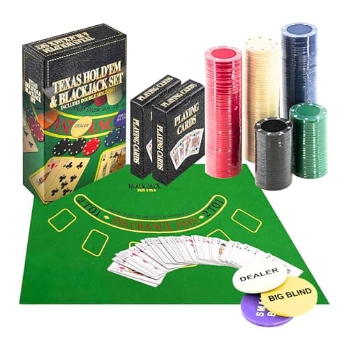Image of ADEPTNA 2 in 1 Texas Hold’em Poker & BlackJack Casino Game Set with 2 Packs of Playing Card, Blind & Dealer Button, 200 Professional Poker Chips, Poker Set with Double Sided Mat, and Chips.