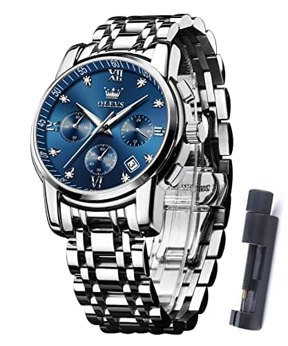 Image of OLEVS Mens Watches Dress Designer Diamond Analog Quartz Stainless Steel Silver Waterproof Metal Date Chronograph Roman Numerals Gent Wrist Watch