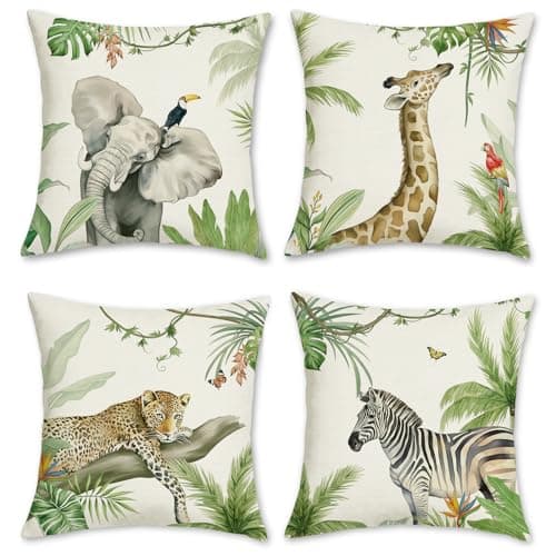 Image of Bonhause Tropical Animals Cushion Covers 45 x 45 cm Elephant Giraffe Leopard Zebra Decorative Throw Pillow Covers for Sofa Bed Home Garden Outdoor Summer Decor Set of 4