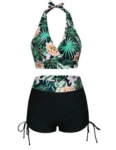 Image of JASAMBAC High Waisted Bikini Set,Soft Bikini Top & Tummy Control Swimwear Bikini Boyshorts Swimming Costume Floral Swimsuits Soft Bathing Suits Padded Beachwear