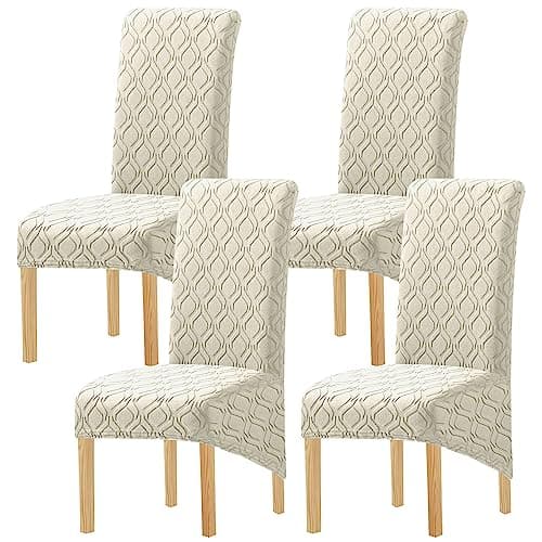 Image of MINGPINHUIUS Chair Covers 4 pack - High Stretch Dining Room Chair Covers, High Back XL Chair Covers Set of 4, Dining Chair Cover for Dining Room Wedding Hotel Banquet Party (Beige White)