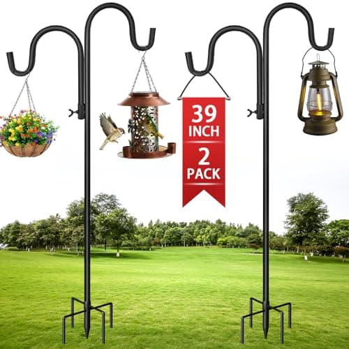 Image of 2 Pack Double Shepherds Hooks for Outdoor, 100CM Adjustable Height Shepherds Crook Hooks with 5 Prong Base, Bird Feeder Poles, Heavy Duty Metal Garden Hook for Garden Lights, Lanterns, Plant Baskets