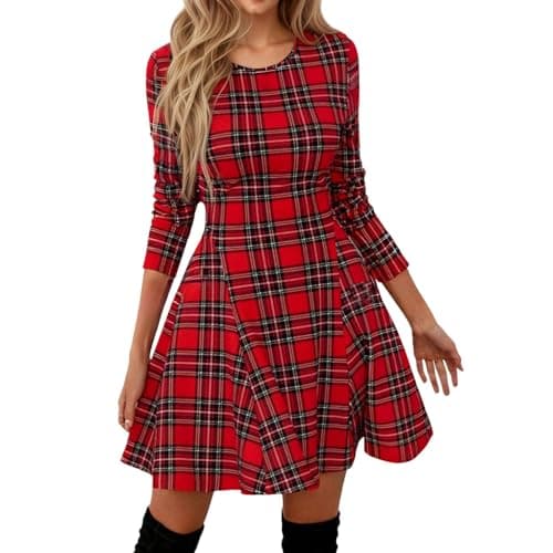 Image of Generisch 2025 Women's Retro Checked Long Sleeve Asymmetric Cut Elegant Bodycon Dress, red, S