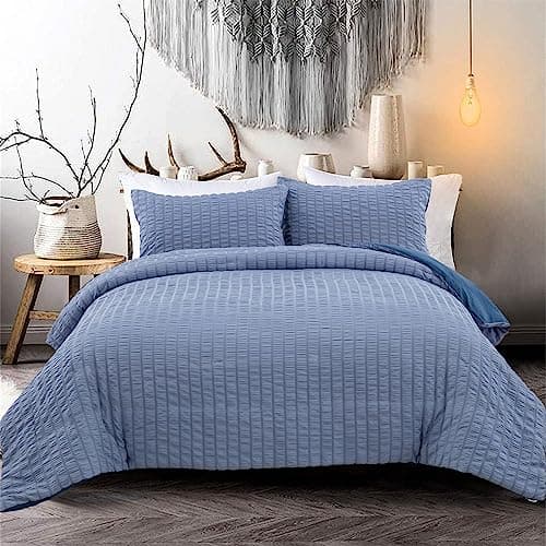 Image of WONGS BEDDING Blue Classic Seersucker Duvet Cover Set Pinch Pleat Duvet Cover Puckering and Crimping Duvet Cover,Soft Microfibre,Double Size 200 x 200 cm