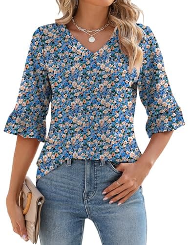 Image of IECCP Womens Tops,Womens T Shirts Ladies Summer Tops V Neck Tunic 3/4 Length Sleeve Floral Printed 2025 Fashion T-Shirts Floral Blue L