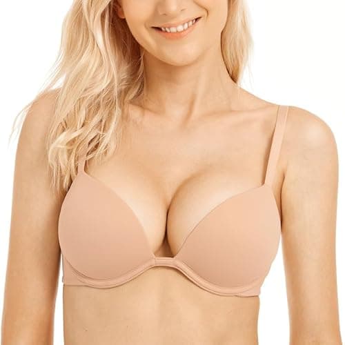 Image of WingsLove Push Up Bra Sexy Deep V Plunge Add 2 Cups Bras Underwire T-Shirt Bra Multiway (Pink Nude,34B)