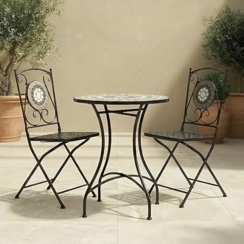 Image of CHARLES BENTLEY Garden Black Mosaic 3 Piece Dining Set, With Folding Chairs, Outdoor, Patio, Conservatory, Foldable Chairs, Antirust Finish, Interwoven Seat, 2 Person, Round Table, Robust (65x65x72cm)