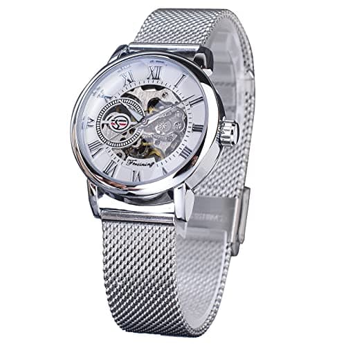 Image of FORSINING Women Automatic Mechanical Watch Luxury Skeleton Golden Dial Stainless Steel Mesh Band Roman Numerals Self-Wind Watch,Silver