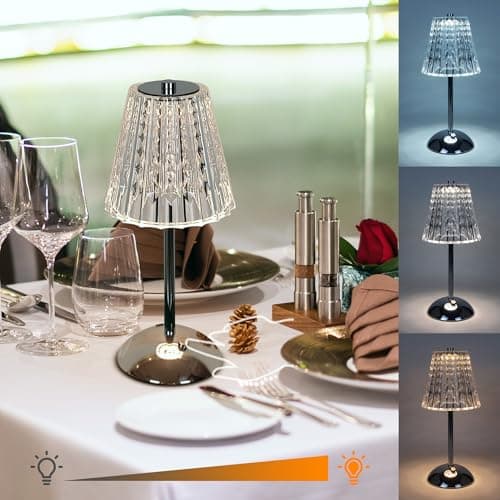 Image of Amingulry Cordless Table Lamp, Rechargeable Battery Operated Lamp, 3 Color Modes & Stepless Dimmable LED Touch Lamp, Portable Crystal Silver Chrome Metal Beside Lamps for Bedroom Restaurant Outdoor