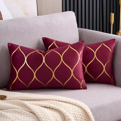 Image of Arwllzz Wine Red Decorative Velvet Cushion Covers 30x50 Set of 2 Luxury Golden Lines Throw Pillow Case Modern Rectangle Burgundy Pillowcases for Bed Bedroom Couch Christmas (12 x 20 Inch)