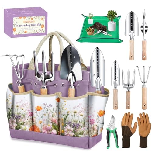 Image of Gardening Tools 9-Piece Heavy-Duty Garden Tools Set, Stainless Steel Garden Hand Tools with Purple Floral Tote Bag and Repotting Mat – Gardening Essentials and Gifts for Women