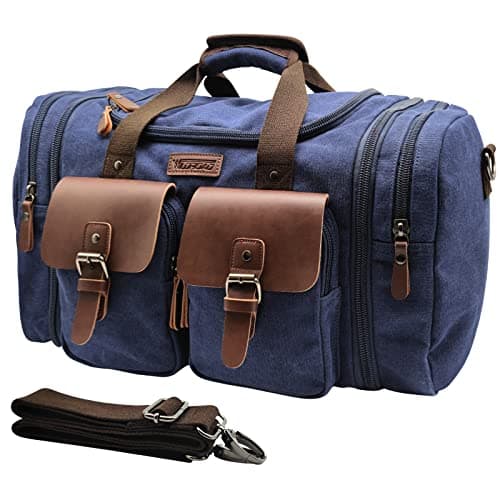 Image of Wildroad 50L Travel Duffel Bag, Expandable Canvas Genuine Leather Duffle Bag Upgraded Overnight Weekender Carry on Bag, Blue, Large-50L, Classic