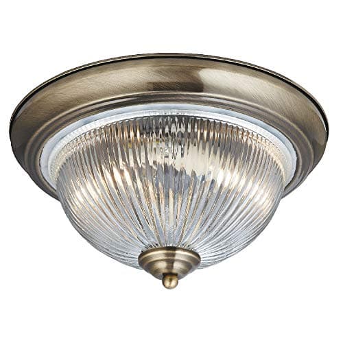 Image of Britalia Antique Brass & Clear Ribbed Glass Bathroom Vintage Round Flush Ceiling Light 290mm | 2 x E14 SES Lamp Bulbs Required (Not Included) | IP44 Rated | Suitable for Outdoor Use