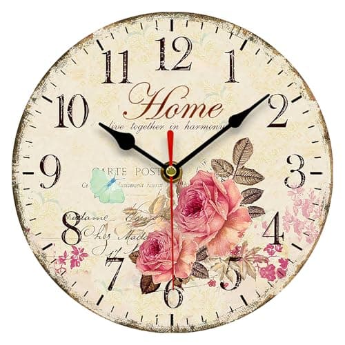 Image of VIKMARI 8 Inch Silent Wall Clock Non-Ticking Battery Operated Arabic Numeral Flowers Style Art Hanging Vintage Clocks Decorative for living room bedroom kitchen office