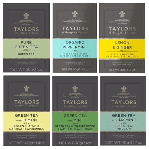 Image of Taylors of Harrogate Green Tea Variety Pack Individually Wrapped & Tagged Bags x20 (Pack of 6, Total 120) – Pure Green, Peppermint, Lemon, Mint, Jasmine & Lemon Ginger