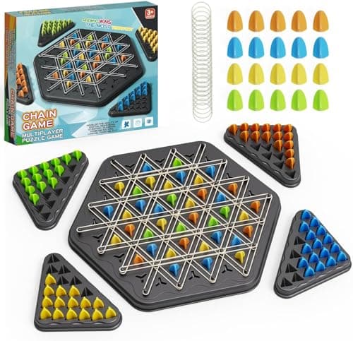 Image of KAHEIGN Chain Triangle Chess Game, 22CM Interactive Peg Board Game Brain Teaser Strategy Toy with 84Pcs Chessman, 44Pcs Rubber Bands - Family Chessboard Games for 2 to 4 Players, Ages 3+