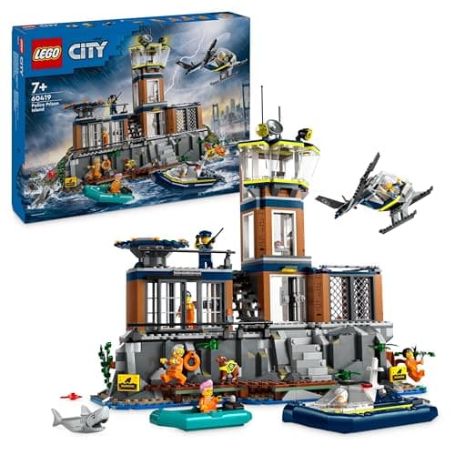 Image of LEGO City Police Prison Island Toy for 7 Plus Year Old Boys, Girls & Kids, Emergency Vehicles Set with Helicopter, Boat, 7 Minifigures, Dog & Shark Figures for Imaginative Play, Birthday Gift 60419