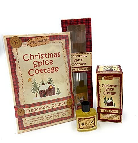 Image of Enchante Christmas Cottage Spice Home Scent Collection - Room Spray, Reed Diffuser, Fragranced Sachet and Reviver Oil. Gift Box Present