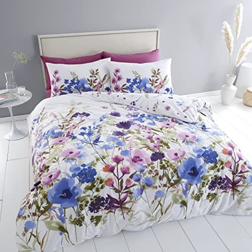 Image of Catherine Lansfield Bedding Countryside Floral Double Duvet Cover Set with Pillowcases Pink/Blue