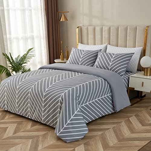 Image of The House Of Emily Printed Duvet Cover Set Reversible Grey Herringbone Brushed Microfibre Duvet Cover with Pillowcase(s) (Single)