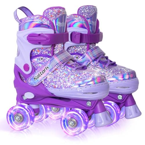 Image of Nattork Kids Roller Skates for Girls Kids, 4 Sizes Adjustable Girls Roller Skates for Ages 3-12 with Light up Wheels & Safety Protection - Cool Birthday Gift for Indoor Outdoor Sports