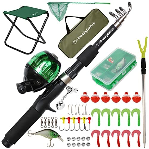 Image of DaddyGoFish Kids Fishing Pole - Rod Reel Combo Tackle Box Starter Set - First Year Small Dock Gear Kit for Boys Girls Toddler Youth Age Beginner Little Children Junior Anglers (Older Kids(Green), 5ft)