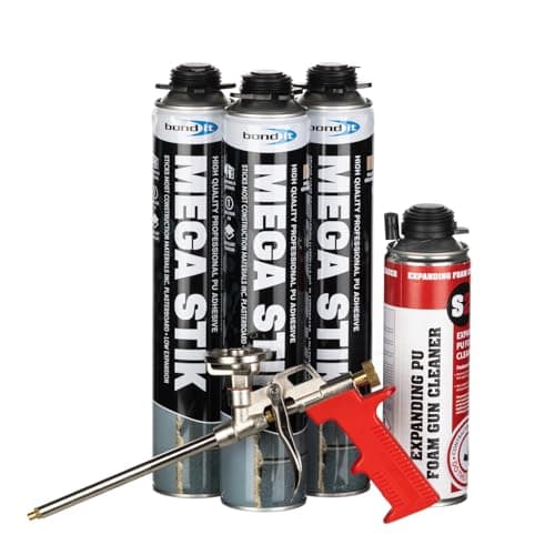 Image of Bond-It Mega Stik PU Adhesive Foam 750ml | No Mess Construction Foam, Plasterboard Adhesive | Box of 3 + Gun & Gun Cleaner