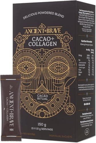 Image of Ancient + Brave - Cacao + Collagen Sachets 15x10g - Organic Raw Cacao Hot Chocolate with Hydrolysed Bovine Collagen - Blend of Organic Cocoa, Ashwagandha & Baobab - High Protein, Keto