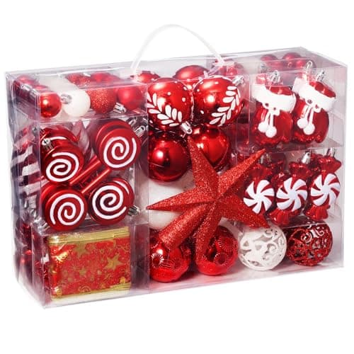 Image of AMLOOPH Red Christmas Tree Decorations, 131pcs Red And White Baubles Christmas Decorations, Shatterproof Xmas Baubles Ornaments With Ribbon, Tree Topper For Xmas Trees, Wreath decor