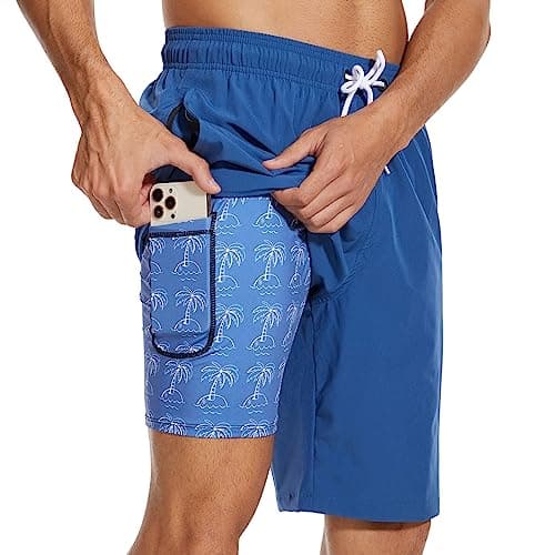 Image of Arcweg Men's Swim Shorts Long Length Swimming Trunks with Compression Lining 2 in 1 Swimming Short with Zipper Pockets Men's Swim Trunk Quick Dry Double Layer Tibetan Blue+Coconut TreeL(UK)