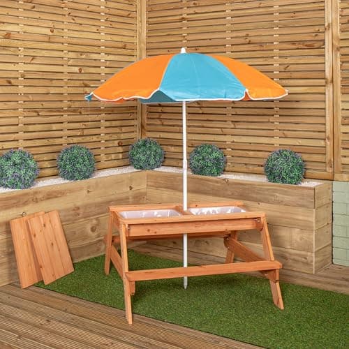 Image of Samuel ALEXANDER Kids Outdoor Wooden Picnic & Activity Table with Removable Plastic Trays & Parasol