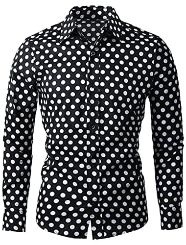 Image of Uxcell Men's Shirts Polka Dots Long Sleeve Slim Fit Printed Dress Button Down Shirt Black XL