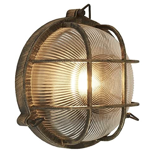 Image of Britalia Antique Brass & Ribbed Glass Outdoor Vintage Round Flush Bulkhead Wall Light | 280mm Diameter | IP44 Rated | 1 x ES E27 Lamp Bulb Required | Bathroom Use | UK Approved