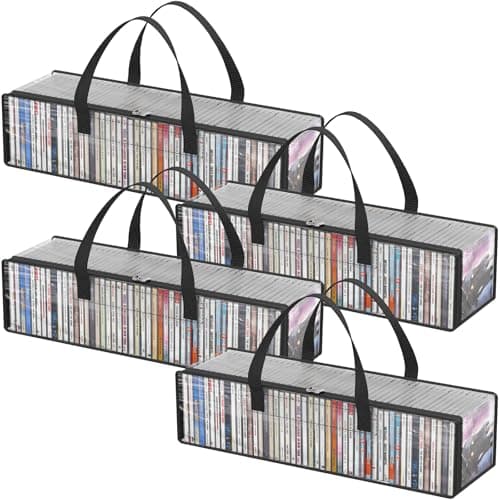 Image of Lifewit CD Storage Bags 4 Pack, Clear PVC Plastic CD Case Holder with Handles, Front Window Zipper Design, Stackable Media Organizer Box for Albums, Hold up to 200 Pcs CDs (50 Each)