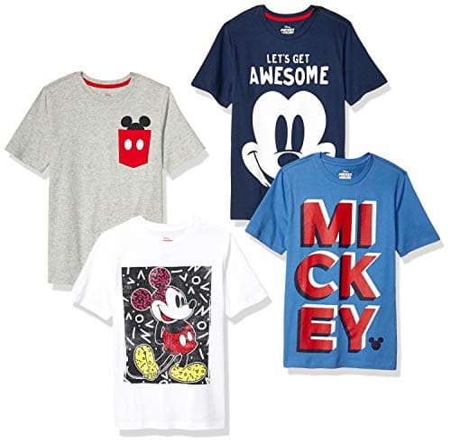 Image of Amazon Essentials Disney | Marvel | Star Wars Boys' Short-Sleeve T-Shirts, Pack of 4, Grey/Navy/Blue, Mickey Awesome, 10 Years