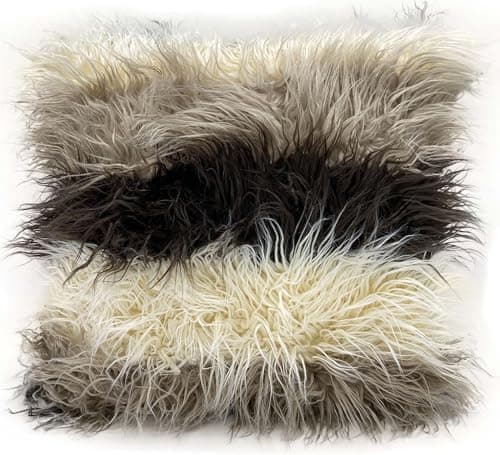Image of Faux Fur Cushion Cover or Cushions Striped SHAGGY Fur Cushions (17"x17" Filled Cushion, Brown Beige Cream)