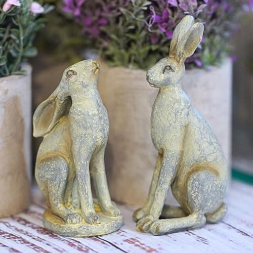 Image of Pair of Hare Resin Statues in Grey | Bunny Rabbit Set Home Ornament Indoor