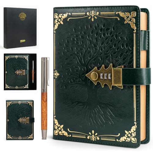 Image of WEMATE Lock Journal with Pen & Gift Box, A5 260 Pages, Refillable, Hardcover Leather Password Notebook for Writing,Vintage Lock Diary for Women, Girls, Men, Students, 8.6 x 5.8 in (green)