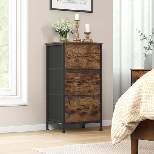 Image of SONGMICS Chest of Drawers, 3 Fabric Drawers Storage Unit, Steel, MDF, Non-Woven Fabric, for Bedroom, Closet, Hallway, Living Room, Rustic Brown and Ink Black LGS313BH03
