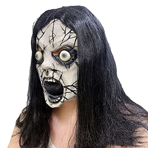 Image of LONTG Halloween Scary Mask with Black Wigs Horror Cracked Face Mask Latex Zombie Mummy Mask Eyes Brust Walking Dead Mask Skull Full Face Mask Halloween Costume Party Props Fancy Dress Accessories
